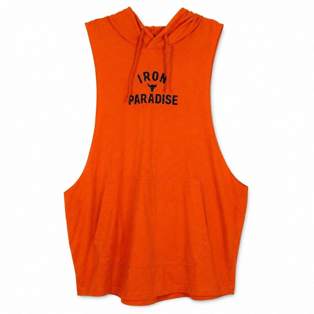 Under Armour Project Rock Iron Paradise Hoodie Mens M Orange Sleeveless Gym